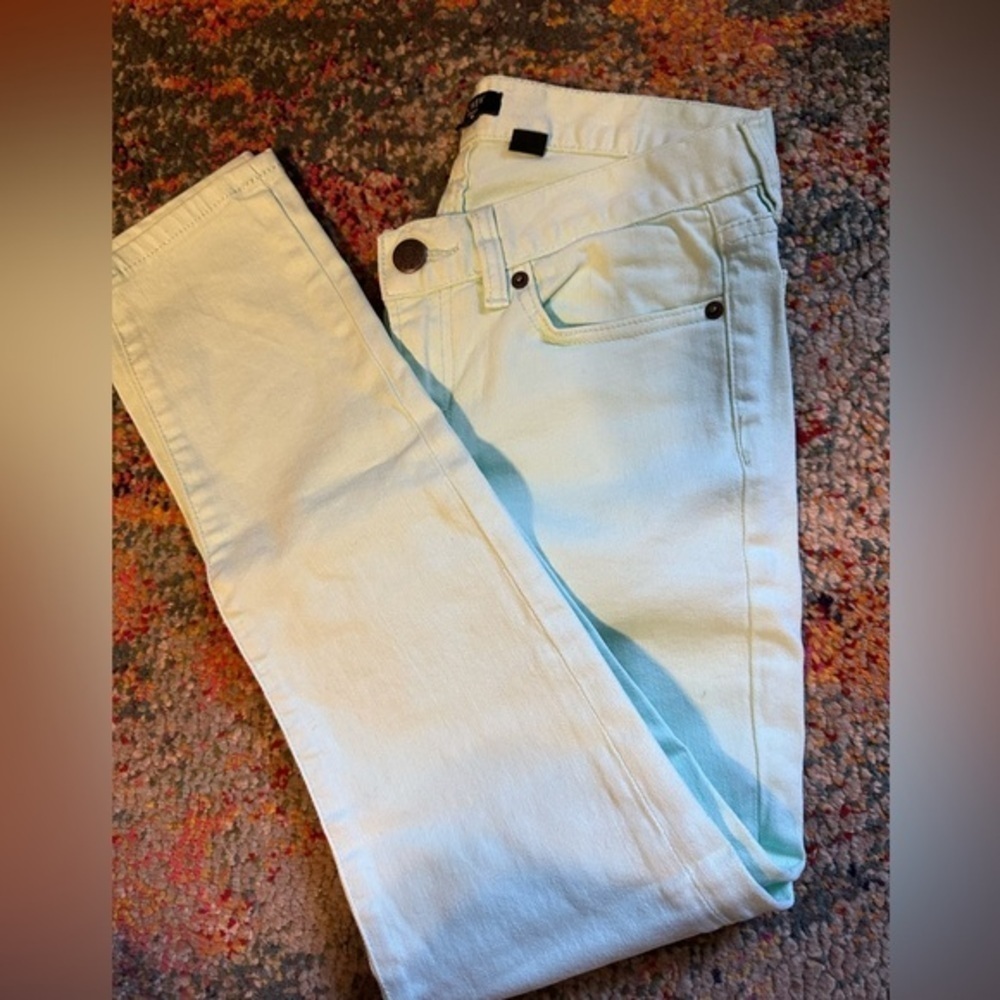 Bright mint greenn j crew toothpick jean.